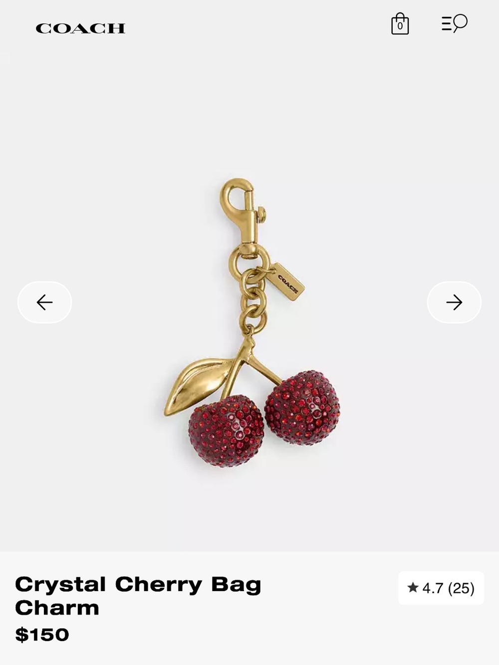 Coach Cherry Crystal Bag Charm